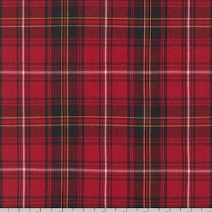 May include: Close-up of a red plaid fabric with black, white, and yellow stripes. The fabric has a classic tartan pattern, with intersecting horizontal and vertical lines creating a grid-like design. The fabric is likely used for clothing or home decor.