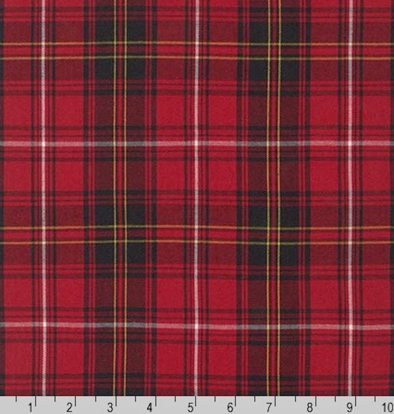 May include: Close-up of a red plaid fabric with black, white, and yellow stripes. The fabric has a classic tartan pattern, with intersecting horizontal and vertical lines creating a grid-like design. The fabric is likely used for clothing or home decor.