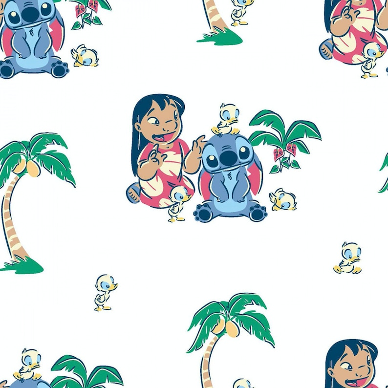 May include: A colorful cartoon illustration featuring Stitch and Lilo from the Disney movie Lilo & Stitch. Stitch is blue with big eyes and Lilo is a young girl with brown hair and a pink dress. They are surrounded by palm trees and yellow birds.