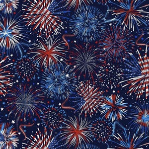 Peut inclure: Un motif sans couture représentant des feux d'artifice stylisés en rouge, blanc et bleu sur un fond bleu foncé. Le design comprend diverses formes de feux d'artifice avec des effets d'étoiles et des étincelles, créant un thème festif et patriotique.