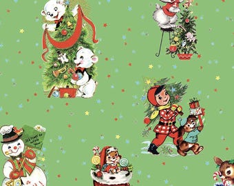 May include: A repeating pattern on a green background featuring vintage Christmas illustrations. The design includes snowmen, polar bears decorating a tree, children with gifts, and Santa Claus in a stocking. Red, white, and blue stars are scattered throughout.