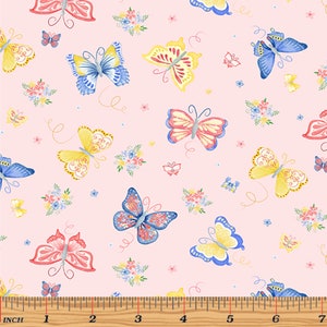 Garden Butterflies PINK - Bunnies & Blossoms by Andi Metz - 100% COTTON Quilt Fabric, Apparel Fabric, Girls Fabric C32