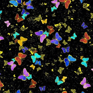 Tossed Metallic Butterflies Fabric on Black from Timeless Treasures - 100% COTTON Fabric - Quality Quilting Fabric and Apparel Fabric