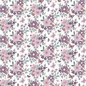Buds & Butterflies White Floral Fabric – 100% Cotton Fabric - Riley Blake  – Purple Lavender Dragonfly Quilting Fabric – Cotton by the Yard