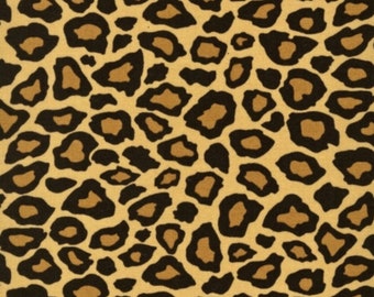 May include: A seamless fabric pattern with a leopard print design. The background is a light beige color and the spots are black with a brown outline.