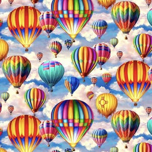 May include: A vibrant pattern featuring numerous hot air balloons in various sizes and colors, including red, yellow, blue, and green. The balloons float against a backdrop of a cloudy blue sky, creating a whimsical and cheerful design.