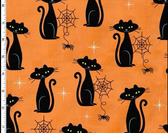Cat Charms on Orange from Hocus Pocus by Michael Miller Fabrics - 100% Cotton Fabric, Quilting Fabric and Apparel, Halloween Cat Fabric