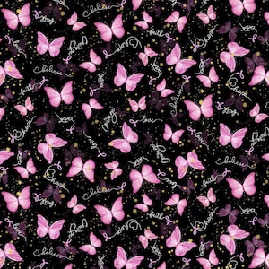 Rosa Schmetterlinge & Bänder Quilting Stoff - 100% Baumwolle auf Schwarz - Quilting Fabric und Bekleidungsstoff