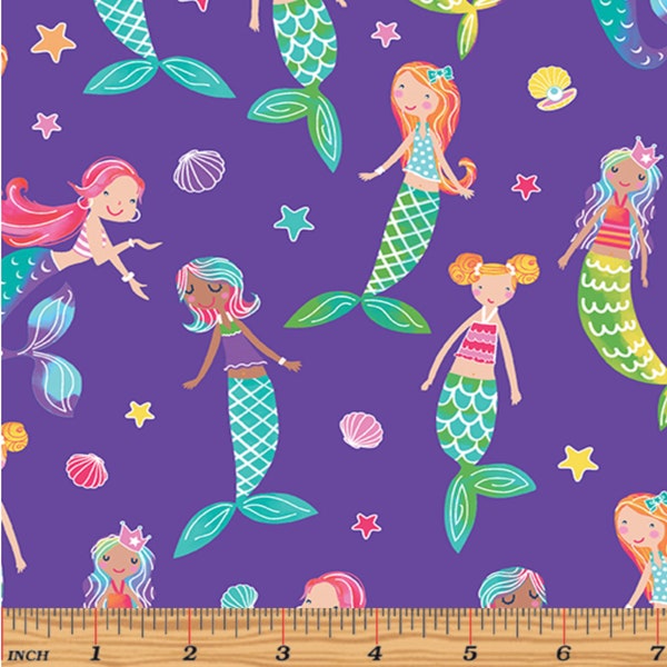 Mermaid Friends on Purple - 100% Cotton Fabric - Kanvas Studio - Childrens Fabric- Quality Cotton Quilt Fabric by the Yard or Select Length