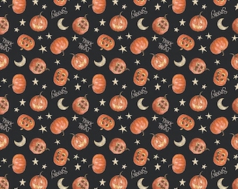 Halloween Pumpkin Print Cotton Fabric – Black and Orange, Quilting and Apparel