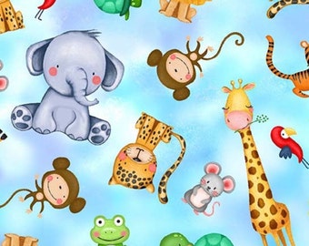 Cute Animals on Sky Blue - Animal Babies by Michael Miller Fabrics - 100% COTTON Fabric, Quilting Fabric and Apparel Fabric, Nursery Fabric