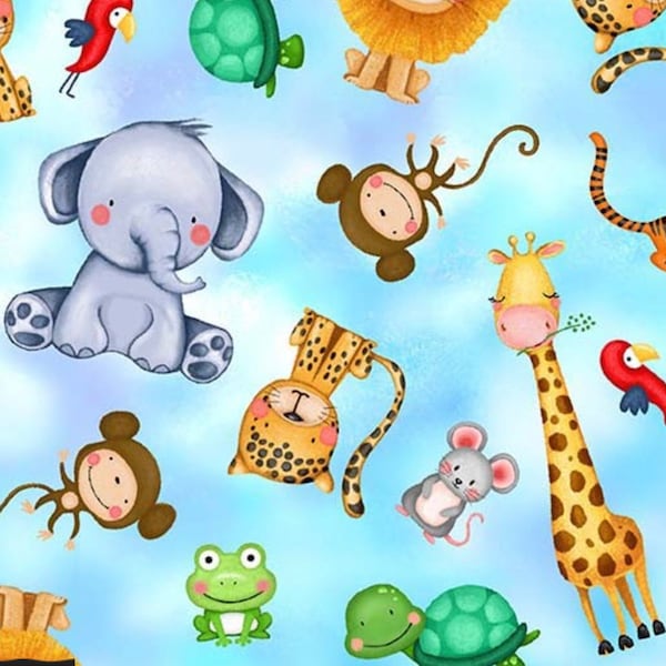 Cute Animals on Sky Blue - Animal Babies by Michael Miller Fabrics - 100% COTTON Fabric, Quilting Fabric and Apparel Fabric, Nursery Fabric