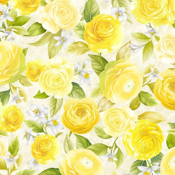 Yellow Roses - COTTON Fabric - Lemon Bouquet by Timeless Treasures - 100% COTTON Fabric - Cotton Quilt Fabric by the Yard or Select Length