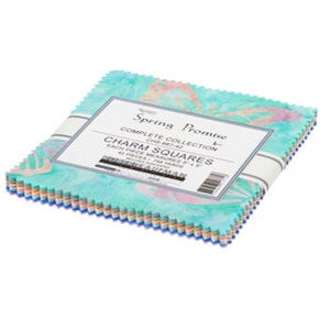 May include: A stack of 42 fabric squares, each measuring 5" x 5", featuring a watercolor-style print of butterflies and leaves in shades of blue, green, pink, and orange. The fabric squares are labeled "Spring Promise" and "Charm Squares".
