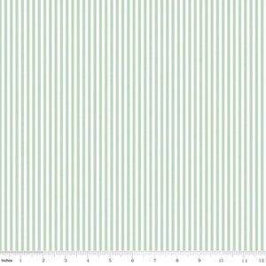 May include: A white fabric with thin, evenly spaced, light green stripes. The fabric is a classic striped pattern.