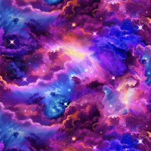 May include: A seamless pattern depicting a colourful nebula. The design features swirling clouds in shades of purple, blue, orange, and pink, with sparkling stars scattered throughout. The overall effect is a dreamy, celestial aesthetic.