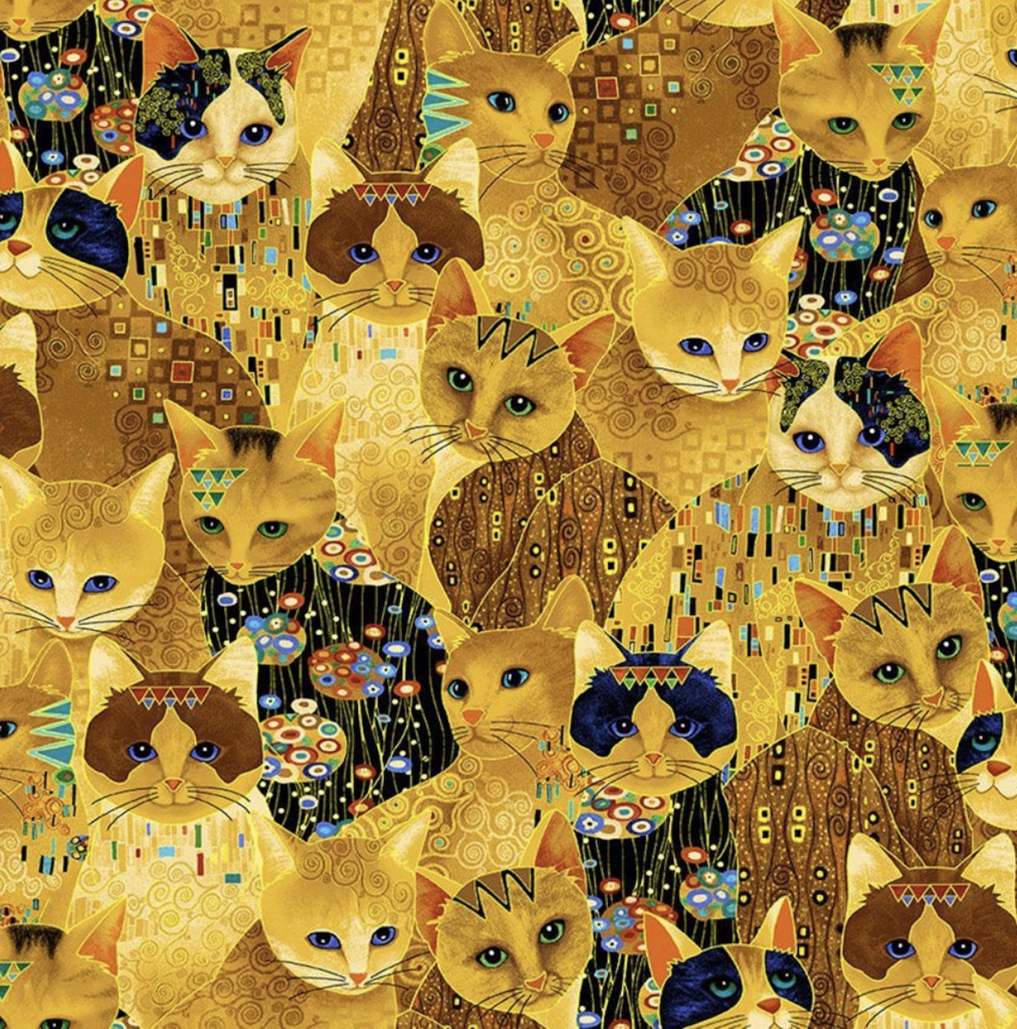Golden Bejeweled Cats with Gold Metallic Accents - 100 % COTTON Fabric, Quality Quilting Fabric, Cotton Woven Fabric, (Choose Your Cut Size)