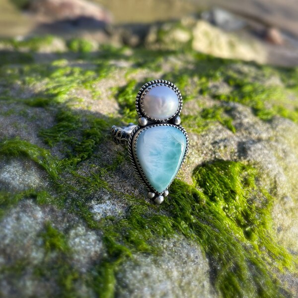 Pearl & Larimar Tentacle Ring