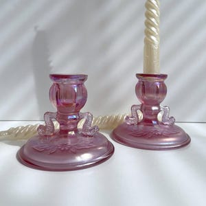 Vintage Fenton Iridescent Glass Candleholders | Rose Pink Floral Embossed Base Candleholders Made in USA