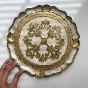 Vintage Italian 11.5&quot; Round Florentine Tray | Ornate Gilt Serving Wooden Tray | Baroque Rococo Decorative Display Plate Gold & Cream ITALY
