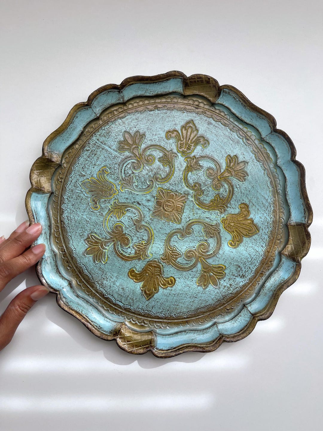 Vintage Italian Round Florentine Tray Fleur De Lis Gild Serving Wooden ...