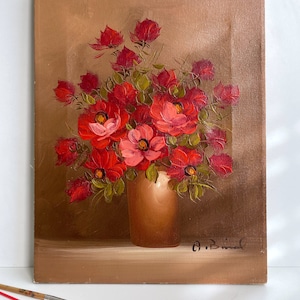 Red Flowers in Vase | Floral Oil Painting | Vintage Painted Art | Bouquet Still Life