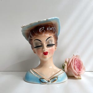 Vintage Blue Lady Head Vase | 1950s Glamour Girl Painted Ceramic | Lady Head Planter Made in Japan