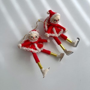 Skating Santa Vintage Christmas Ornament | Chenille Felt Santa Skater Mid Century Xmas