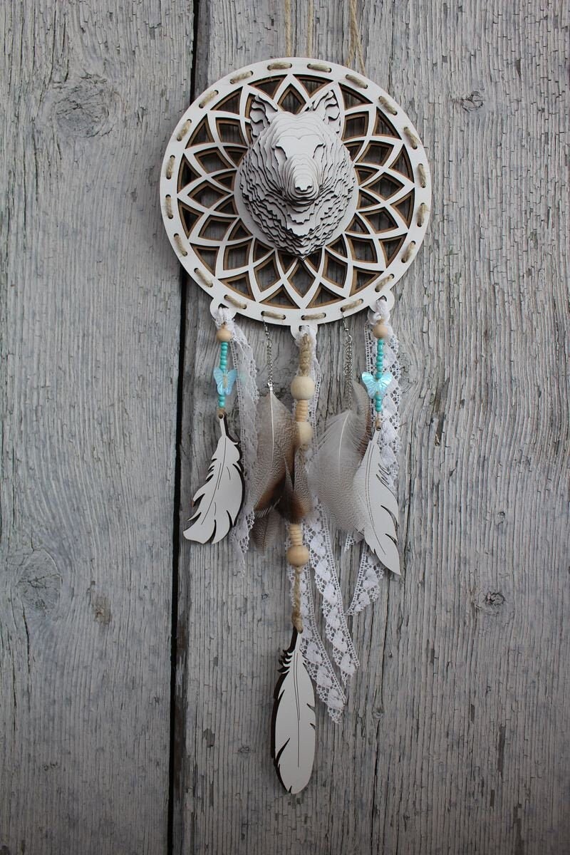 Attrape Rêve Tête de Chien Loup 3D en Bois Blanc