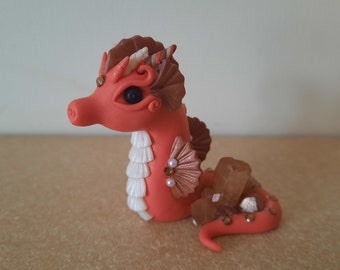 Coral and Brown Polymer Clay Seahorse Dragon