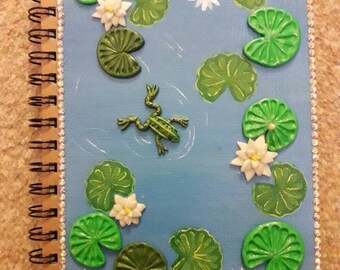 Altered Journal, Mixed Media Notenook, Polymer Clay Frog Journal