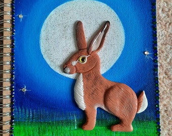 Polymer Clay Hare and Moon Mixed Media Journal A5