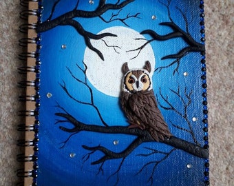 Altered Journal, Mixed Media Notebook, Polymer Clay Owl