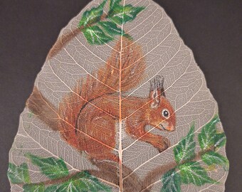 Hand Painted Red Squirrel Leaf Art