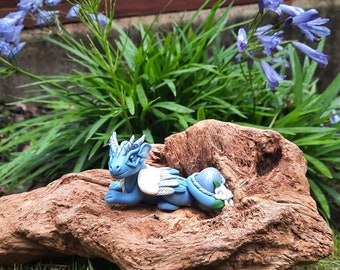 Blue Polymer Clay Angel Dragon with Angelite Tumblestone