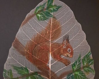 Hand Painted Red Squirrel Leaf Art