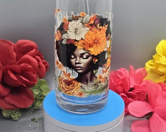 Vaso de cristal Afro Queen / Tapa y pajita de bambú con diseño floral / Empoderamiento de la mujer negra