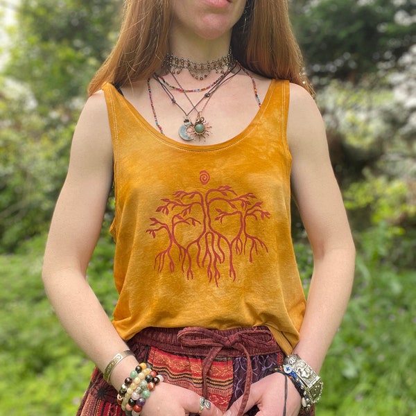 The Mother Tree Ethical Ochre Camisole - Hand Dyed & Block Printed, Fair Trade, Organic, Vegan and Climate Neutral Hippie Forest Print Top