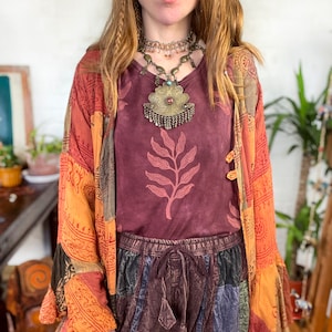 Arogya Sprig Ethical Boxy Fit T-Shirt Indiana Rose Hand Dyed & Printed Leaf Organic Vegan Cotton Fair Trade Hippie Boho Botanical Top