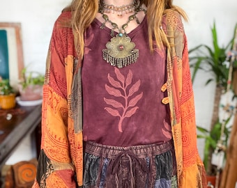 Arogya Sprig Ethical Boxy Fit T-Shirt Indiana Rose Hand Dyed & Printed Leaf Organic Vegan Cotton Fair Trade Hippie Boho Botanical Top