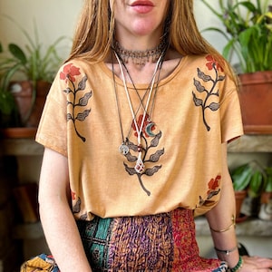 Hand Dyed Poppy T-Shirt: Indiana Rose Block Print, Organic Vegan Cotton