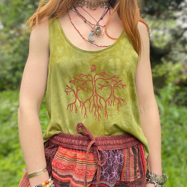 The Mother Tree Ethical Moss Camisole - Hand Dyed & Block Printed, Fair Trade, Organic, Vegan, Climate Neutral Hippie Green Forest Print Top