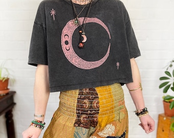 Moon Craft, Black Boxy Fit Block Printed Ethical T-Shirt, Organic Vegan, Fair Trade