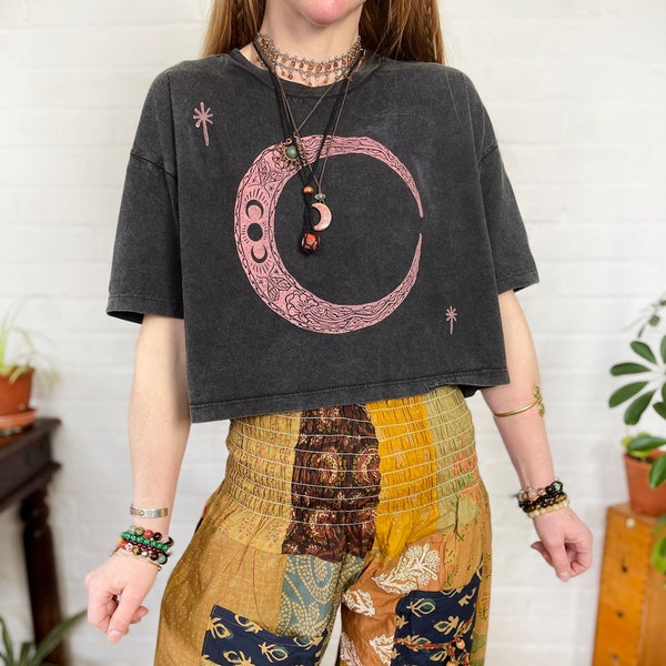 Moon Craft, Black Boxy Fit Block Printed Ethical T-Shirt, Organic Vegan, Fair Trade