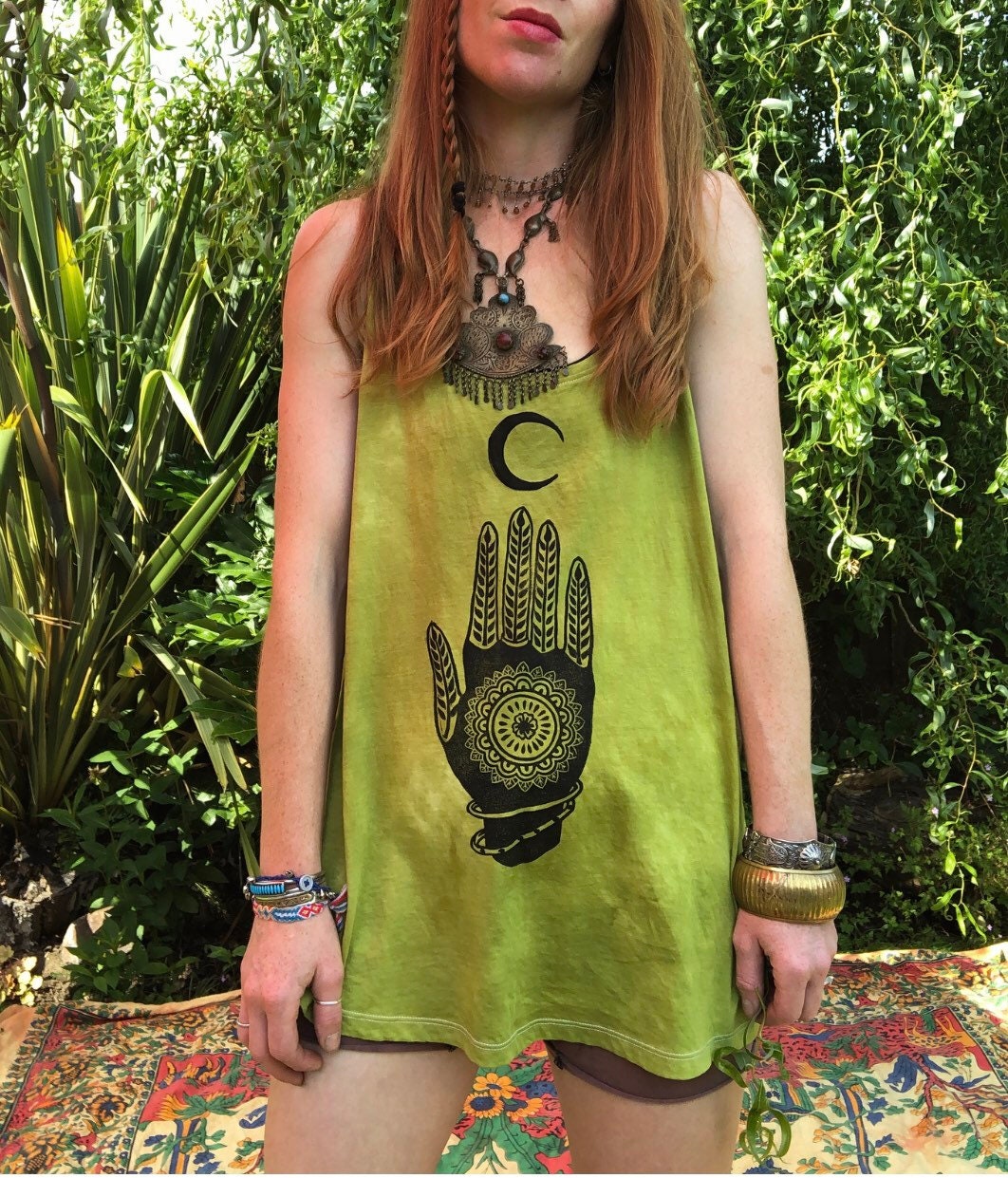 Solstice Ochre Boxy Fit Loose T-Shirt  Dip Dyed & Hand Printed  All Over Print  Ethically Made Organic Summer Top