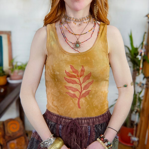 Arogya Sprig Ethical Vest Tank in Ochre, Hand Dyed & Block Printed Leaf, Organic Vegan Cotton, Fair Trade  Hippie Botanical Print Top