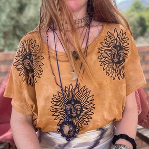 Solstice - Ochre Boxy Fit Loose T-Shirt / Hand Dyed & Block Printed / All Over Sun Print / Ethical Organic Autumn Top/ Vegan Fair Trade Gift