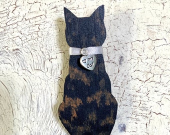 Hand Painted Tortoiseshell Cat Fridge Magnet, 'Love My Cat' Charm