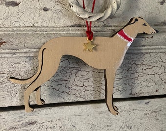 Handmade Fawn Greyhound Christmas Ornament, Painted Wooden Dog