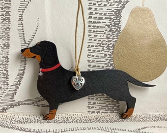 Dachshund hanging decoration with love my Dog charm. Handmade and painted wooden dachshund gift. Black and tan.